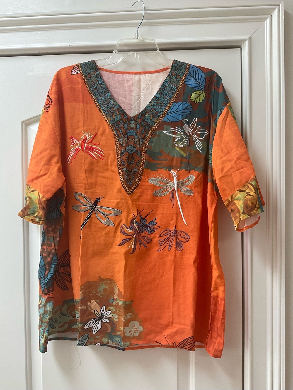 Embroidered Orange V-Neck Floral & Dragonfly Blouse